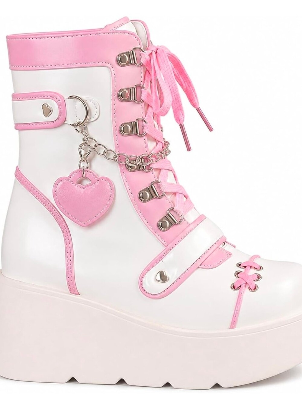 Cosplay Women Goth Platform Ankle Boots Pink White Lace Wedge Heel Combat 8 US